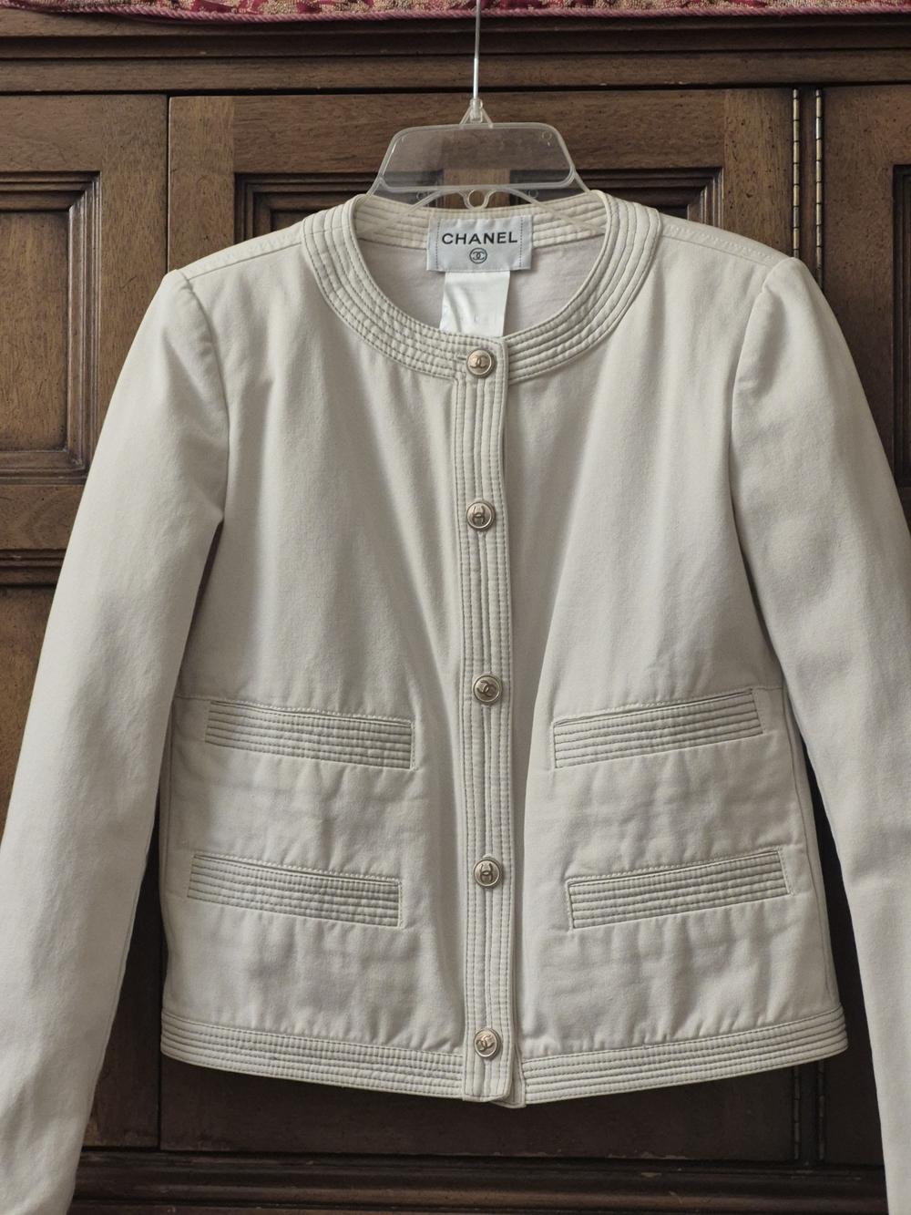 CHANEL Cream Quilted Trim Cotton Jean  Jacket